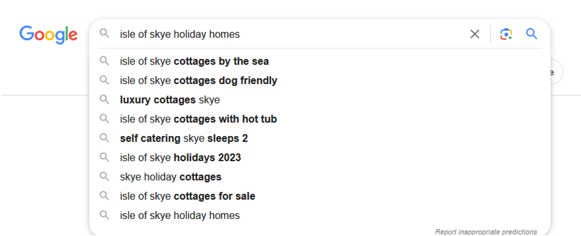 skye example of predictive search on google